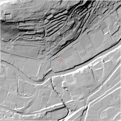 Shaded relief map of the ground around BD177EX, computed from Environment Agency LiDAR. The ground here sits at about 62 m above sea level and falls 62 m across the surrounding 800 m. Surface water reaching this point runs off ground lying to the north-east, 3.6 m higher.