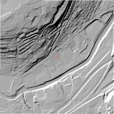 Shaded relief map of the ground around BD177EY, computed from Environment Agency LiDAR. The ground here sits at about 64 m above sea level and falls 68 m across the surrounding 800 m. Surface water reaching this point runs off ground lying to the north, 64.4 m higher.