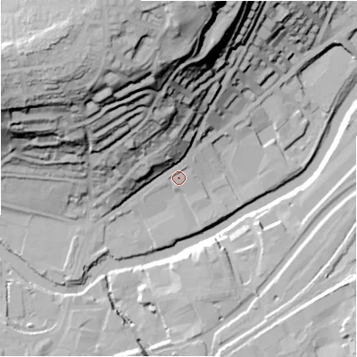 Shaded relief map of the ground around BD177FA, computed from Environment Agency LiDAR. The ground here sits at about 64 m above sea level and falls 66 m across the surrounding 800 m. Surface water reaching this point runs off ground lying to the north-north-east, 1.4 m higher.