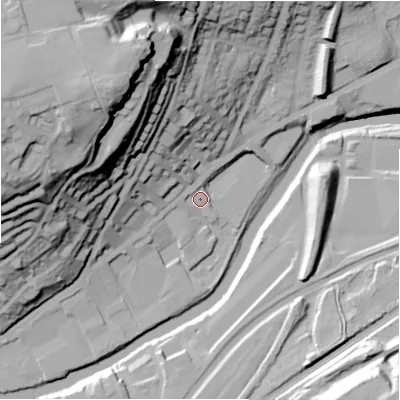 Shaded relief map of the ground around BD177GA, computed from Environment Agency LiDAR. The ground here sits at about 63 m above sea level and falls 70 m across the surrounding 800 m. Surface water reaching this point runs off ground lying to the north-west, 63.2 m higher.