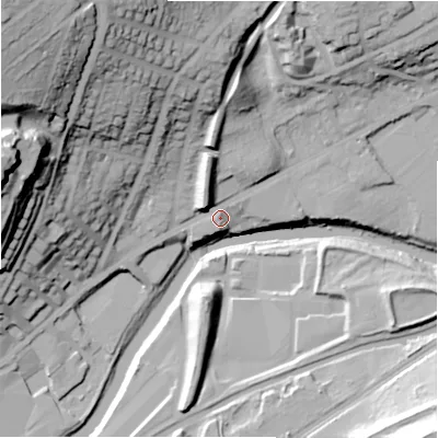 Shaded relief map of the ground around BD177HD, computed from Environment Agency LiDAR. The ground here sits at about 68 m above sea level and falls 70 m across the surrounding 800 m. Surface water reaching this point runs off ground lying to the west-north-west, 5.4 m higher.