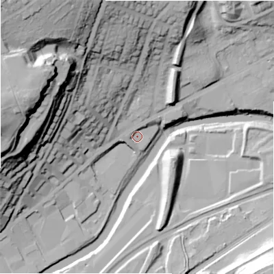 Shaded relief map of the ground around BD177HE, computed from Environment Agency LiDAR. The ground here sits at about 63 m above sea level and falls 72 m across the surrounding 800 m. Surface water reaching this point runs off ground lying to the north-north-east, 3.6 m higher.