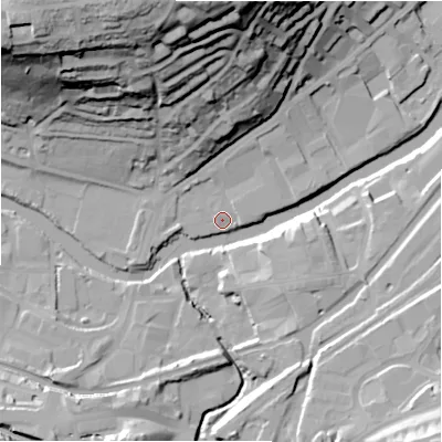 Shaded relief map of the ground around BD177HP, computed from Environment Agency LiDAR. The ground here sits at about 62 m above sea level and falls 59 m across the surrounding 800 m. Surface water reaching this point runs off ground lying to the north-east, 2.3 m higher.