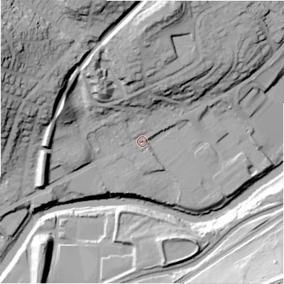 Shaded relief map of the ground around BD177HU, computed from Environment Agency LiDAR. The ground here sits at about 67 m above sea level and falls 53 m across the surrounding 800 m. Surface water reaching this point runs off ground lying to the north-west, 43.4 m higher.