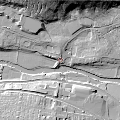 Shaded relief map of the ground around BD177LU, computed from Environment Agency LiDAR. The ground here sits at about 68 m above sea level and falls 42 m across the surrounding 800 m. Surface water reaching this point runs off ground lying to the north, 3.6 m higher.