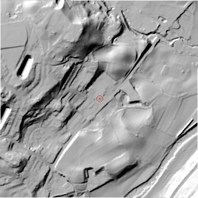 Shaded relief map of the ground around BD177QB, computed from Environment Agency LiDAR. The ground here sits at about 69 m above sea level and falls 62 m across the surrounding 800 m. Surface water reaching this point runs off ground lying to the west, 47.7 m higher.