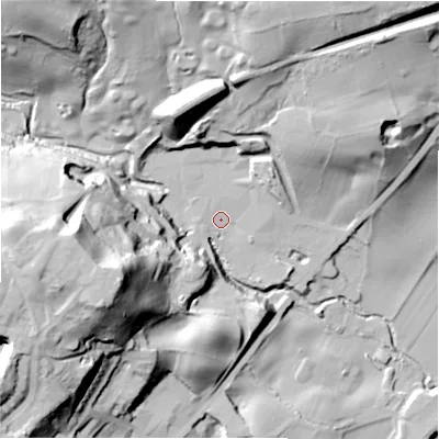 Shaded relief map of the ground around BD177QD, computed from Environment Agency LiDAR. The ground here sits at about 67 m above sea level and falls 58 m across the surrounding 800 m. Surface water reaching this point runs off ground lying to the west, 47.5 m higher.