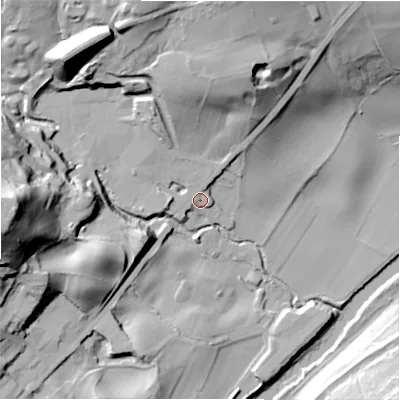 Shaded relief map of the ground around BD177QN, computed from Environment Agency LiDAR. The ground here sits at about 64 m above sea level and falls 60 m across the surrounding 800 m. Surface water reaching this point runs off ground lying to the north, 31.8 m higher.