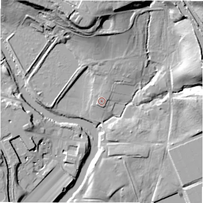 Shaded relief map of the ground around BD177QU, computed from Environment Agency LiDAR. The ground here sits at about 57 m above sea level and falls 37 m across the surrounding 800 m. Surface water reaching this point runs off ground lying to the north-north-east, 1.2 m higher.