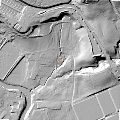 Shaded relief map of the ground around BD177QX, computed from Environment Agency LiDAR. The ground here sits at about 58 m above sea level and falls 55 m across the surrounding 800 m. Surface water reaching this point runs off ground lying to the north-north-east, 49.8 m higher.