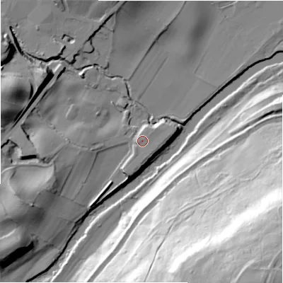 Shaded relief map of the ground around BD177RJ, computed from Environment Agency LiDAR. The ground here sits at about 61 m above sea level and falls 83 m across the surrounding 800 m. Surface water reaching this point runs off ground lying to the south-south-west, 3.5 m higher.