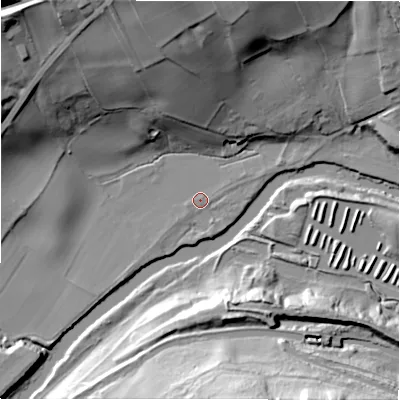 Shaded relief map of the ground around BD177RQ, computed from Environment Agency LiDAR. The ground here sits at about 56 m above sea level and falls 51 m across the surrounding 800 m. Surface water reaching this point runs off ground lying to the south-west, 1.9 m higher.