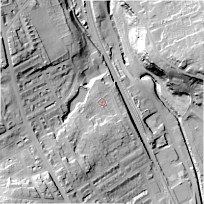 Shaded relief map of the ground around BD182AW, computed from Environment Agency LiDAR. The ground here sits at about 87 m above sea level and falls 44 m across the surrounding 800 m. Surface water reaching this point runs off ground lying to the south-south-west, 18.1 m higher.