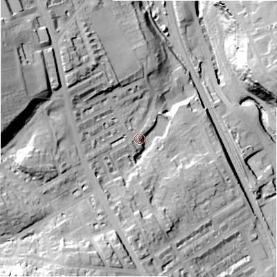 Shaded relief map of the ground around BD182AX, computed from Environment Agency LiDAR. The ground here sits at about 91 m above sea level and falls 54 m across the surrounding 800 m. Surface water reaching this point runs off ground lying to the south-west, 36.7 m higher.