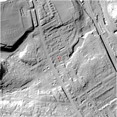 Shaded relief map of the ground around BD182AY, computed from Environment Agency LiDAR. The ground here sits at about 96 m above sea level and falls 65 m across the surrounding 800 m. Surface water reaching this point runs off ground lying to the south-west, 41.5 m higher.
