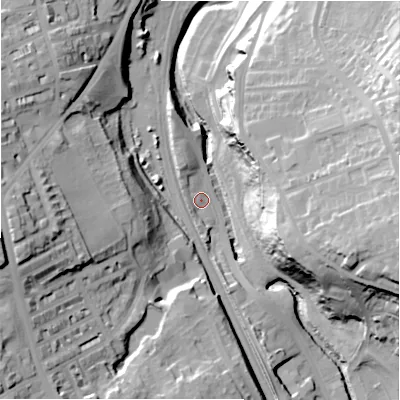 Shaded relief map of the ground around BD182BZ, computed from Environment Agency LiDAR. The ground here sits at about 76 m above sea level and falls 48 m across the surrounding 800 m. Surface water reaching this point runs off ground lying to the east-south-east, 32.6 m higher.