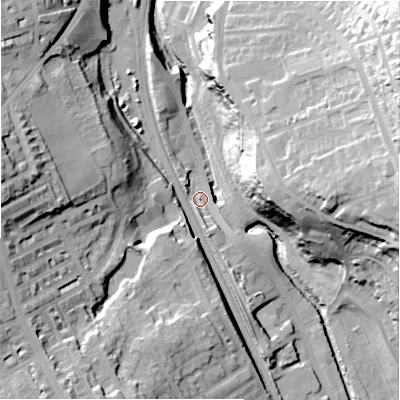 Shaded relief map of the ground around BD182DA, computed from Environment Agency LiDAR. The ground here sits at about 77 m above sea level and falls 54 m across the surrounding 800 m. Surface water reaching this point runs off ground lying to the south-south-west, 17.0 m higher.