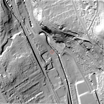 Shaded relief map of the ground around BD182DD, computed from Environment Agency LiDAR. The ground here sits at about 77 m above sea level and falls 87 m across the surrounding 800 m. Surface water reaching this point runs off ground lying to the west, 8.0 m higher.
