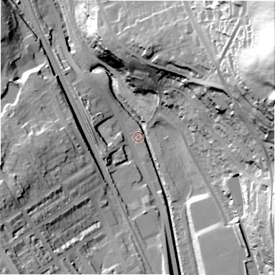Shaded relief map of the ground around BD182DE, computed from Environment Agency LiDAR. The ground here sits at about 77 m above sea level and falls 93 m across the surrounding 800 m. Surface water reaching this point runs off ground lying to the east-north-east, 92.1 m higher.