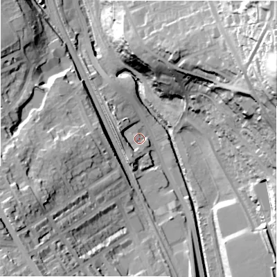 Shaded relief map of the ground around BD182FA, computed from Environment Agency LiDAR. The ground here sits at about 79 m above sea level and falls 74 m across the surrounding 800 m. Surface water reaching this point runs off ground lying to the west-north-west, 8.0 m higher.