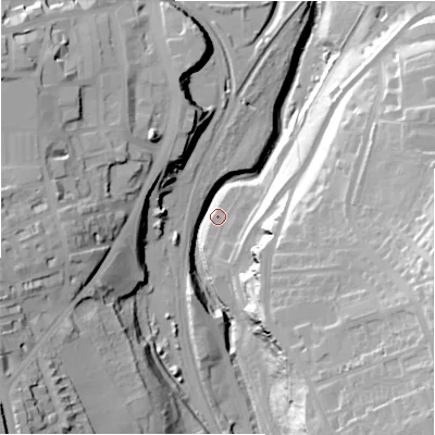 Shaded relief map of the ground around BD182FB, computed from Environment Agency LiDAR. The ground here sits at about 73 m above sea level and falls 51 m across the surrounding 800 m. Surface water reaching this point runs off ground lying to the east-south-east, 45.6 m higher.