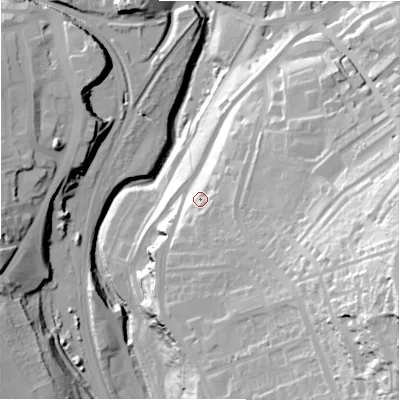 Shaded relief map of the ground around BD182LR, computed from Environment Agency LiDAR. The ground here sits at about 91 m above sea level and falls 81 m across the surrounding 800 m. Surface water reaching this point runs off ground lying to the south-east, 21.1 m higher.