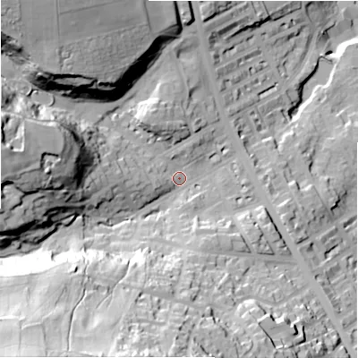 Shaded relief map of the ground around BD183BD, computed from Environment Agency LiDAR. The ground here sits at about 102 m above sea level and falls 84 m across the surrounding 800 m. Surface water reaching this point runs off ground lying to the north-west, 39.8 m higher.