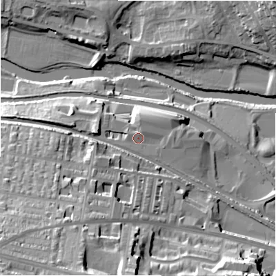 Shaded relief map of the ground around BD183LA, computed from Environment Agency LiDAR. The ground here sits at about 76 m above sea level and falls 44 m across the surrounding 800 m. Surface water reaching this point runs off ground lying to the north-north-east, 1.7 m higher.