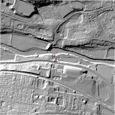 Shaded relief map of the ground around BD183LD, computed from Environment Agency LiDAR. The ground here sits at about 65 m above sea level and falls 35 m across the surrounding 800 m. Surface water reaching this point runs off ground lying to the south-south-east, 12.7 m higher.