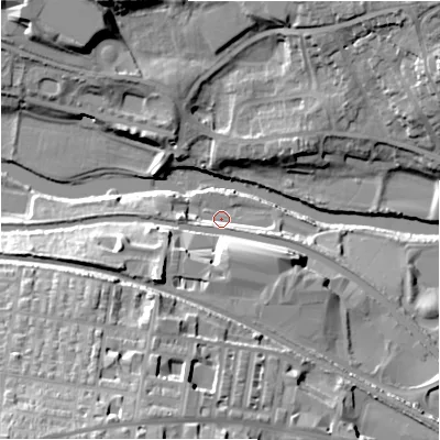 Shaded relief map of the ground around BD183LX, computed from Environment Agency LiDAR. The ground here sits at about 65 m above sea level and falls 37 m across the surrounding 800 m. Surface water reaching this point runs off ground lying to the south-west, 34.1 m higher.