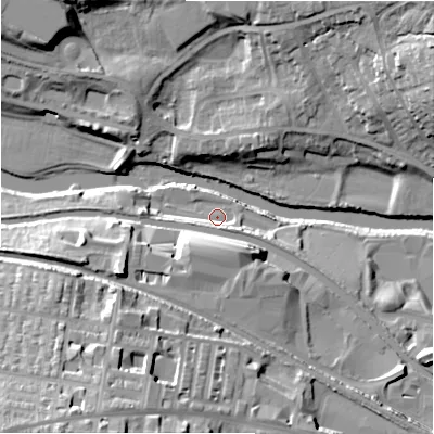 Shaded relief map of the ground around BD183LZ, computed from Environment Agency LiDAR. The ground here sits at about 65 m above sea level and falls 37 m across the surrounding 800 m. Surface water reaching this point runs off ground lying to the south-west, 33.2 m higher.