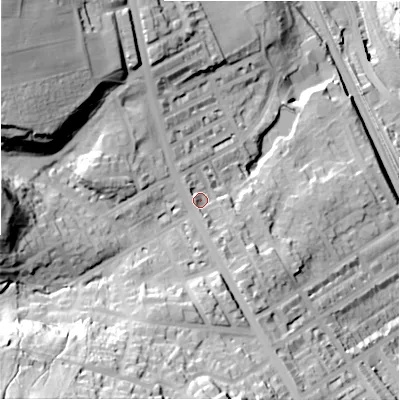 Shaded relief map of the ground around BD183TP, computed from Environment Agency LiDAR. The ground here sits at about 98 m above sea level and falls 74 m across the surrounding 800 m. Surface water reaching this point runs off ground lying to the south-west, 49.0 m higher.