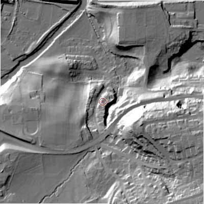 Shaded relief map of the ground around BD184BB, computed from Environment Agency LiDAR. The ground here sits at about 83 m above sea level and falls 54 m across the surrounding 800 m. Surface water reaching this point runs off ground lying to the south-east, 42.0 m higher.