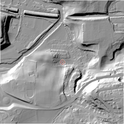 Shaded relief map of the ground around BD184BD, computed from Environment Agency LiDAR. The ground here sits at about 71 m above sea level and falls 53 m across the surrounding 800 m. Surface water reaching this point runs off ground lying to the south-west, 26.8 m higher.