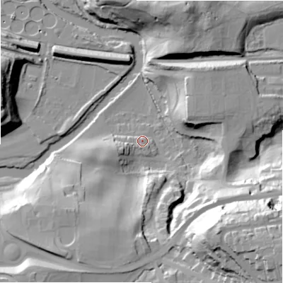 Shaded relief map of the ground around BD184BE, computed from Environment Agency LiDAR. The ground here sits at about 71 m above sea level and falls 53 m across the surrounding 800 m. Surface water reaching this point runs off ground lying to the west-south-west, 7.6 m higher.