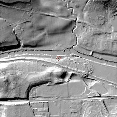 Shaded relief map of the ground around BD184BQ, computed from Environment Agency LiDAR. The ground here sits at about 67 m above sea level and falls 44 m across the surrounding 800 m. Surface water reaching this point runs off ground lying to the south-east, 7.7 m higher.