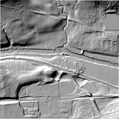 Shaded relief map of the ground around BD184DA, computed from Environment Agency LiDAR. The ground here sits at about 69 m above sea level and falls 40 m across the surrounding 800 m. Surface water reaching this point runs off ground lying to the south-east, 6.4 m higher.