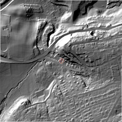 Shaded relief map of the ground around BD184HH, computed from Environment Agency LiDAR. The ground here sits at about 94 m above sea level and falls 68 m across the surrounding 800 m. Surface water reaching this point runs off ground lying to the east, 26.4 m higher.