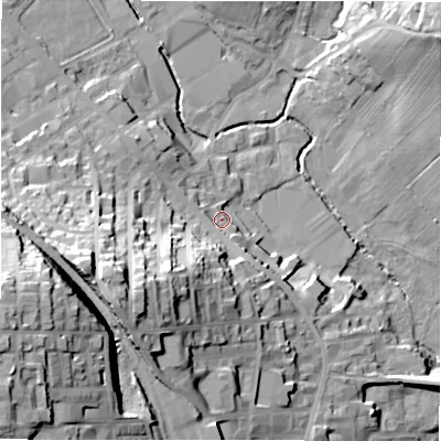 Shaded relief map of the ground around BD193PN, computed from Environment Agency LiDAR. The ground here sits at about 81 m above sea level and falls 50 m across the surrounding 800 m. Surface water reaching this point runs off ground lying to the south-south-west, 18.4 m higher.