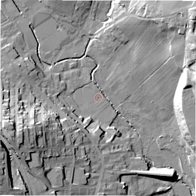 Shaded relief map of the ground around BD193PS, computed from Environment Agency LiDAR. The ground here sits at about 76 m above sea level and falls 43 m across the surrounding 800 m. Surface water reaching this point runs off ground lying to the west-south-west, 35.2 m higher.