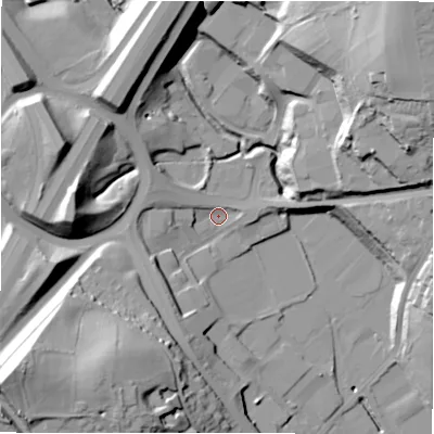 Shaded relief map of the ground around BD193QB, computed from Environment Agency LiDAR. The ground here sits at about 85 m above sea level and falls 47 m across the surrounding 800 m. Surface water reaching this point runs off ground lying to the north-east, 42.9 m higher.