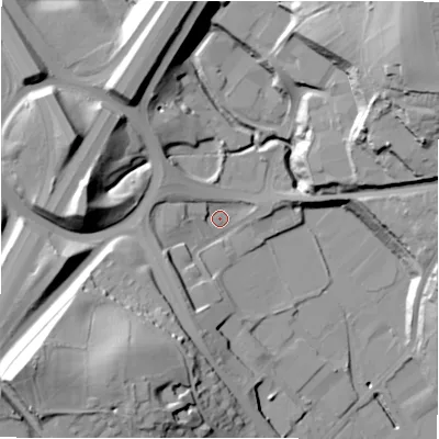 Shaded relief map of the ground around BD193QE, computed from Environment Agency LiDAR. The ground here sits at about 85 m above sea level and falls 46 m across the surrounding 800 m. Surface water reaching this point runs off ground lying to the north-east, 41.9 m higher.