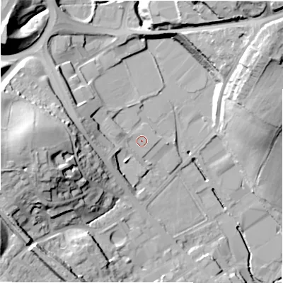 Shaded relief map of the ground around BD193QF, computed from Environment Agency LiDAR. The ground here sits at about 84 m above sea level and falls 39 m across the surrounding 800 m. Surface water reaching this point runs off ground lying to the west-south-west, 7.6 m higher.