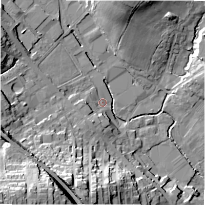 Shaded relief map of the ground around BD193QR, computed from Environment Agency LiDAR. The ground here sits at about 80 m above sea level and falls 52 m across the surrounding 800 m. Surface water reaching this point runs off ground lying to the south-west, 47.8 m higher.