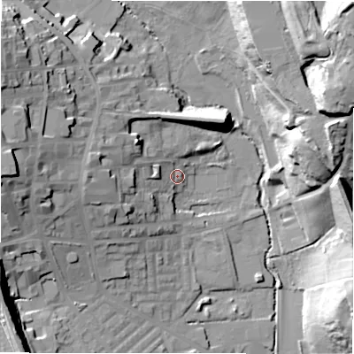 Shaded relief map of the ground around BD193RW, computed from Environment Agency LiDAR. The ground here sits at about 74 m above sea level and falls 41 m across the surrounding 800 m. Surface water reaching this point runs off ground lying to the west, 14.2 m higher.