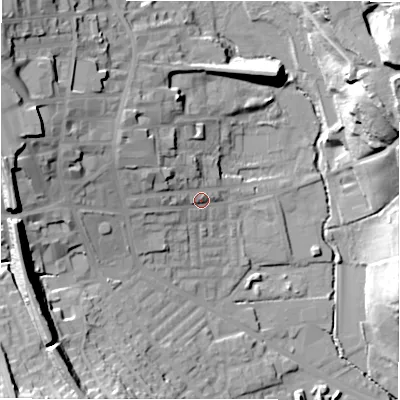 Shaded relief map of the ground around BD193SA, computed from Environment Agency LiDAR. The ground here sits at about 77 m above sea level and falls 37 m across the surrounding 800 m. Surface water reaching this point runs off ground lying to the west-north-west, 11.3 m higher.