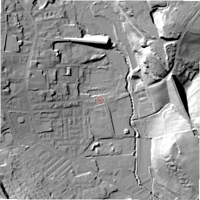 Shaded relief map of the ground around BD193SG, computed from Environment Agency LiDAR. The ground here sits at about 72 m above sea level and falls 40 m across the surrounding 800 m. Surface water reaching this point runs off ground lying to the west-north-west, 15.3 m higher.