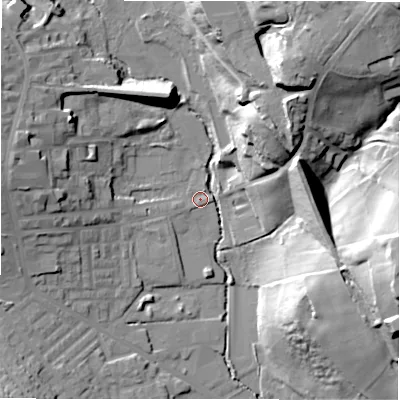 Shaded relief map of the ground around BD193SH, computed from Environment Agency LiDAR. The ground here sits at about 72 m above sea level and falls 47 m across the surrounding 800 m. Surface water reaching this point runs off ground lying to the north-north-east, 2.4 m higher.