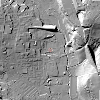 Shaded relief map of the ground around BD193SJ, computed from Environment Agency LiDAR. The ground here sits at about 71 m above sea level and falls 41 m across the surrounding 800 m. Surface water reaching this point runs off ground lying to the west, 16.3 m higher.