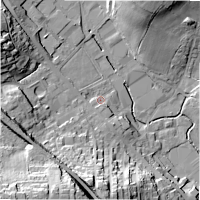Shaded relief map of the ground around BD193TX, computed from Environment Agency LiDAR. The ground here sits at about 83 m above sea level and falls 52 m across the surrounding 800 m. Surface water reaching this point runs off ground lying to the south-west, 42.1 m higher.
